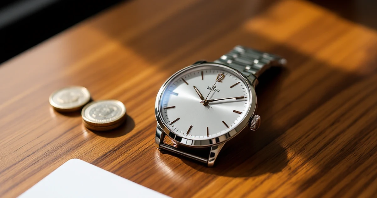 Workspace with stopwatch and coins for mid-range options section.