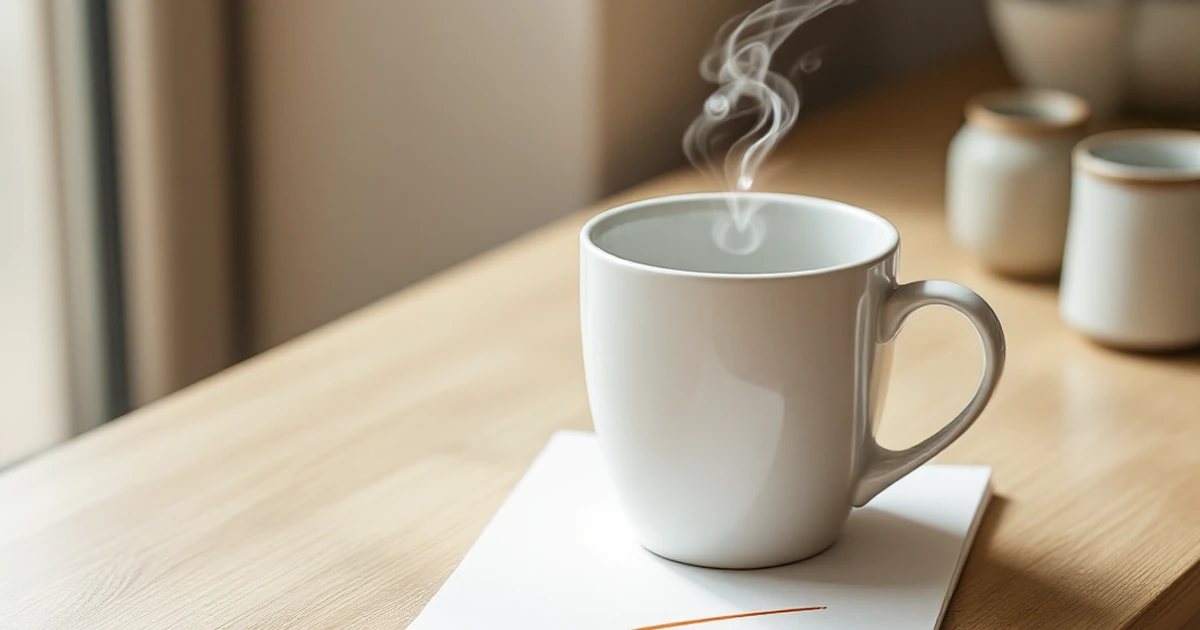 A simple, clean desk scene with a coffee mug and notepad, symbolizing the decision-making process for choosing a web host.