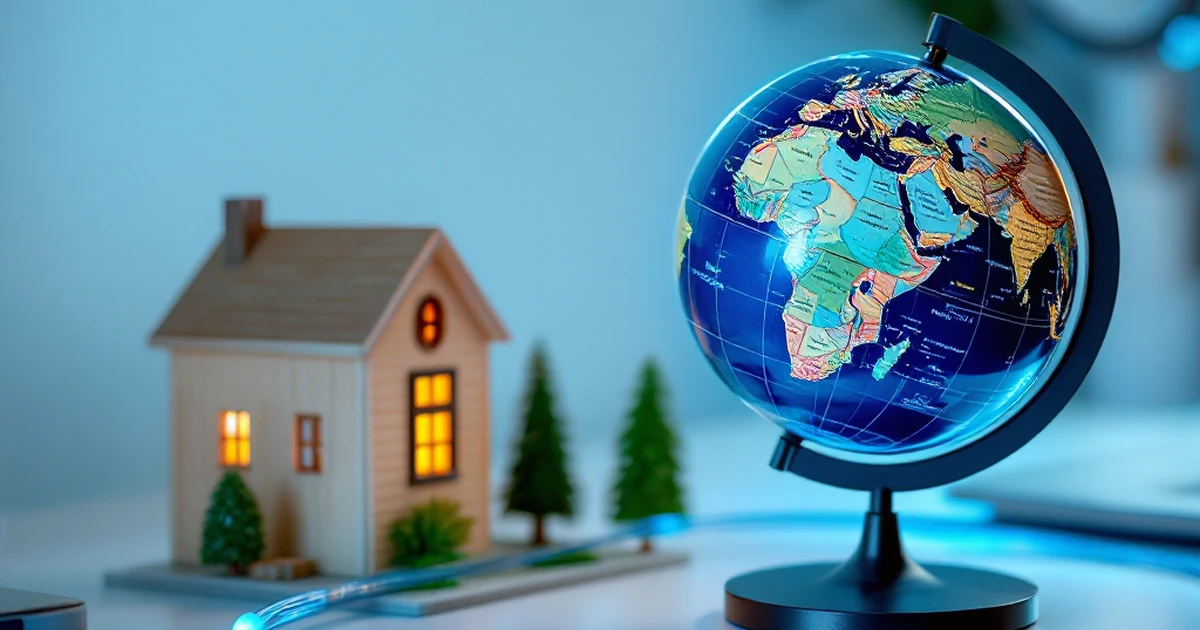 Miniature globe and house model with a glowing fiber optic cable on a white desk.