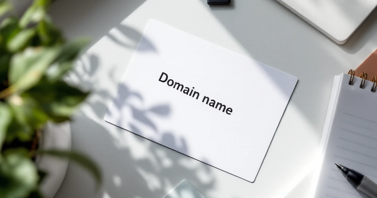 Workspace arrangement with a domain name card, credit card, USB drive, and notepad on a gray surface.