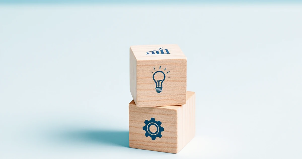 Isometric view of three wooden blocks with lightbulb, graph, and gear icons on a white surface.