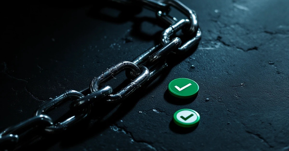 Abstract arrangement of a broken chain link and a green checkmark token on a dark slate surface.
