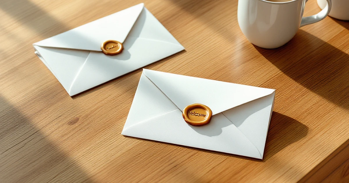 Three note cards with wax seal and hourglass representing a welcome email sequence