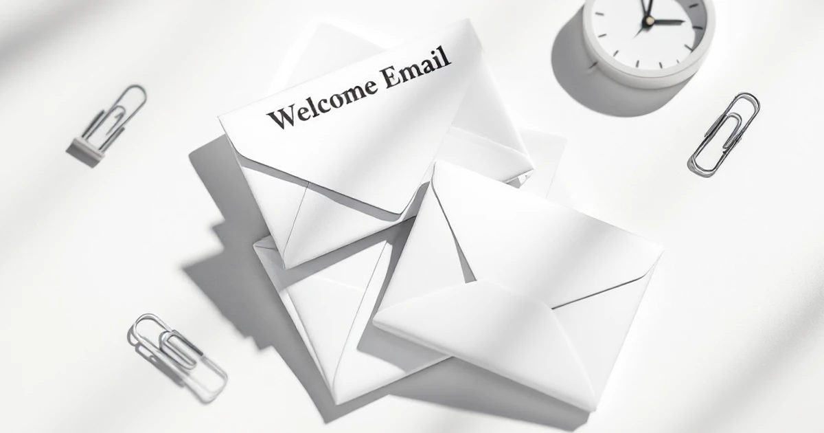 Three stacked envelopes with clock and arrow showing welcome email sequence steps