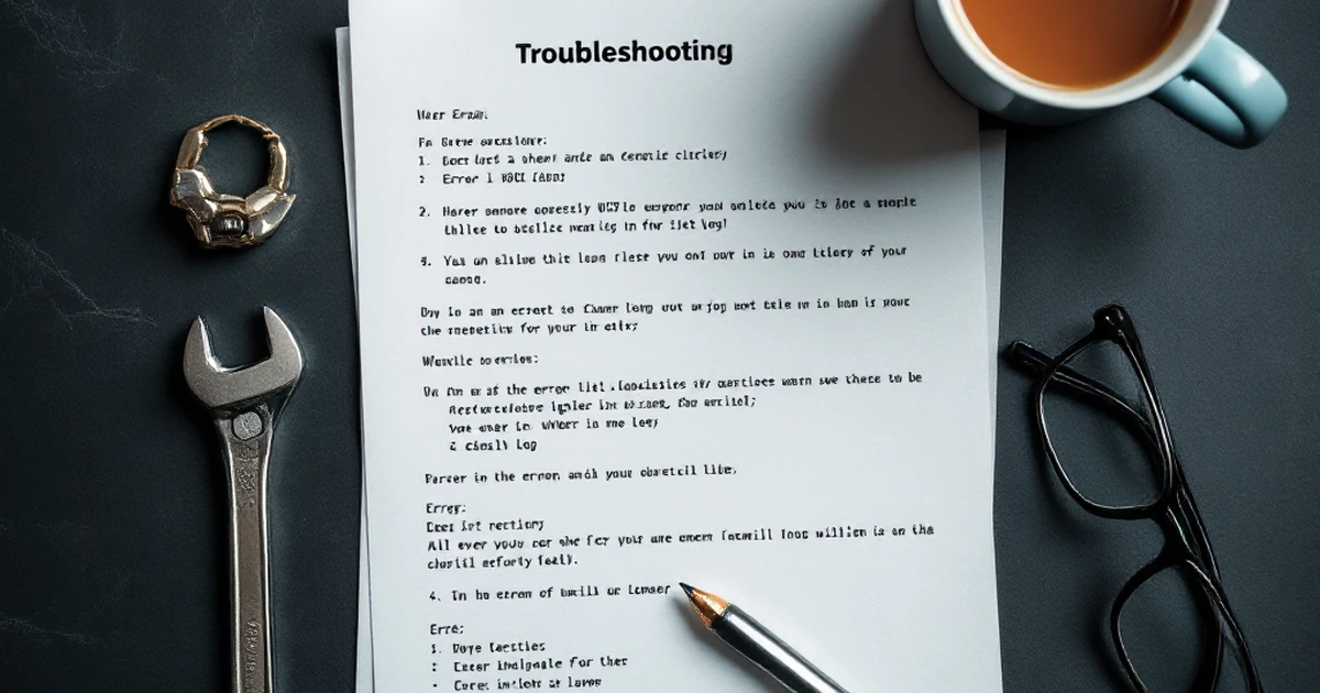 Wrench, glasses, and email error log on slate for troubleshooting