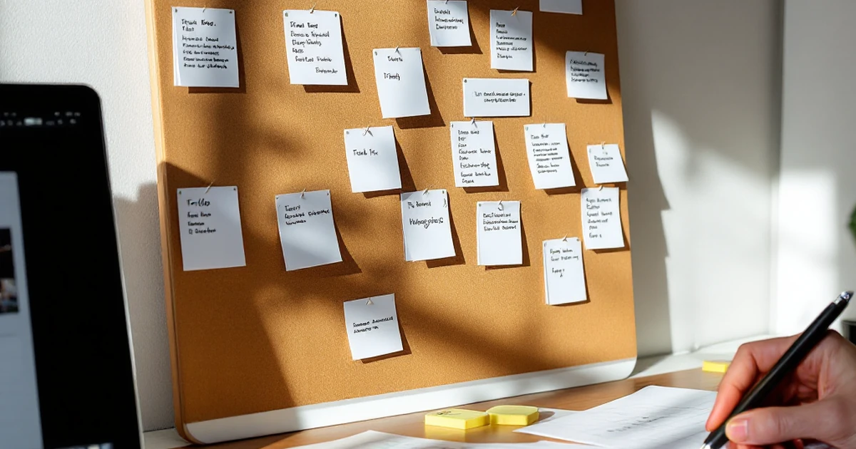 Task management board setup with Trello cards and a laptop keyboard.