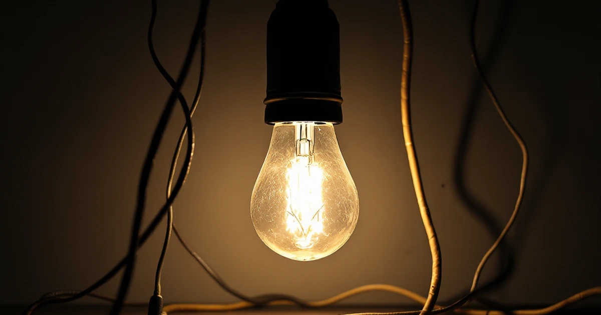 Abstract view of troubleshooting with tangled wires and light bulb.