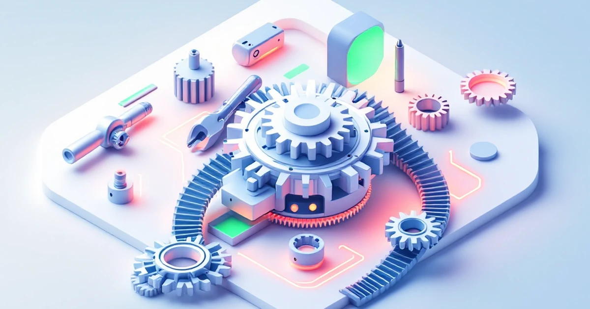 An abstract isometric illustration of interconnected and streamlined gear systems, symbolizing project management tool setup.