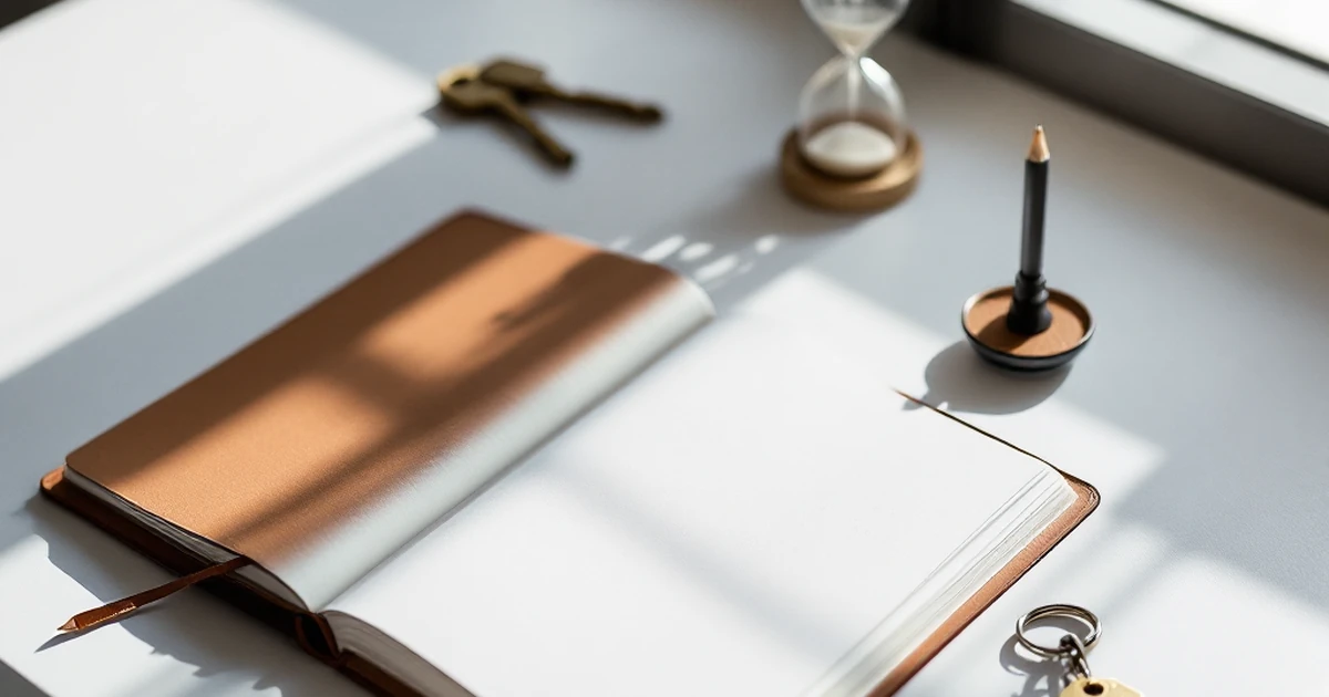 A simple toolkit with a notebook, pencil, timer, and key, representing the essentials needed before starting email automation.