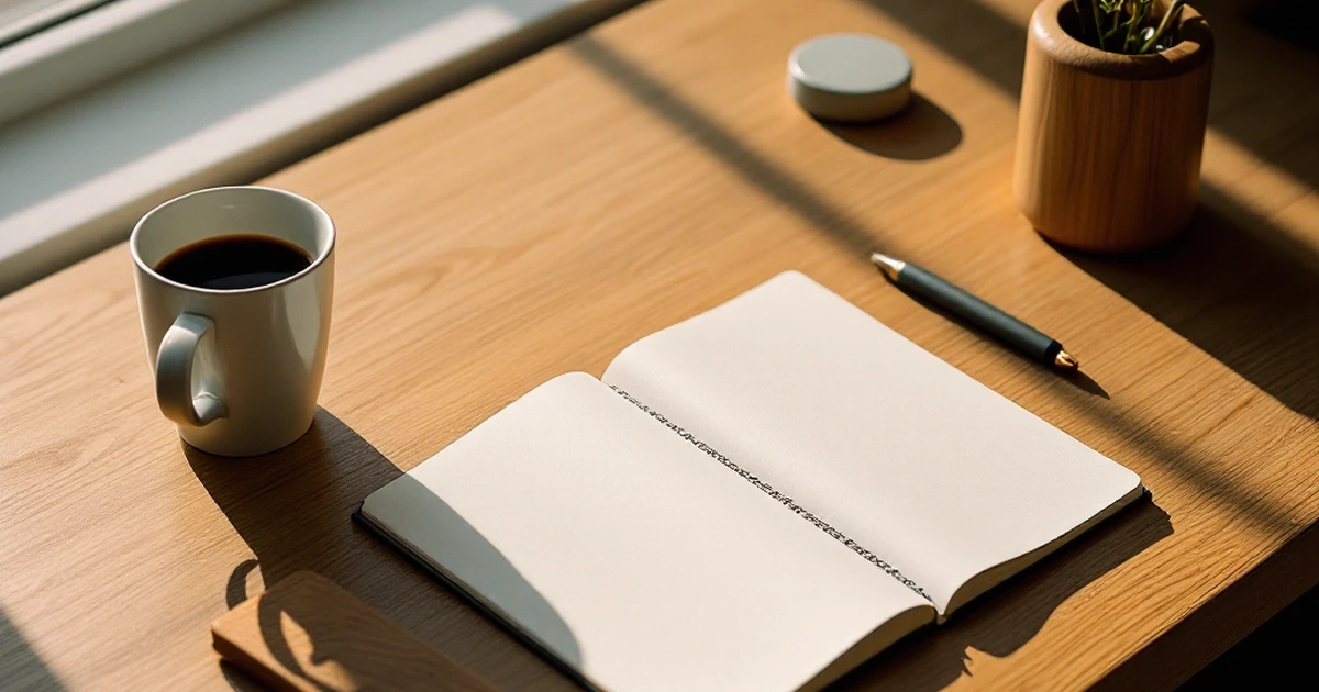 Minimalist desk setup with notebook and coffee for email marketing tips