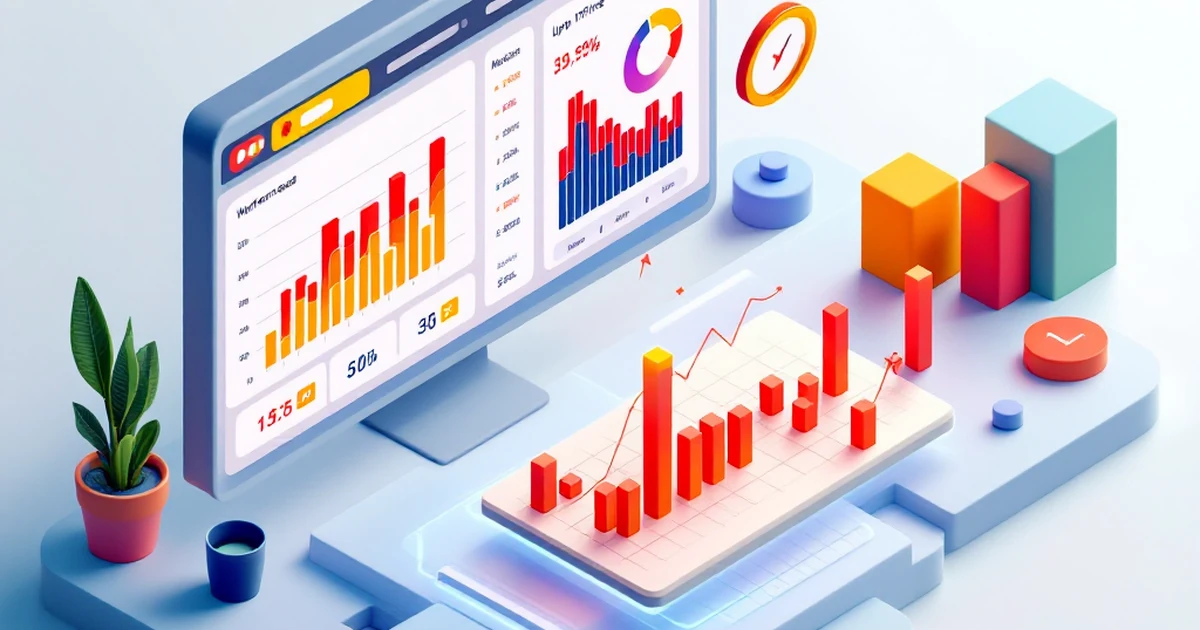 Isometric digital dashboard showing website performance metrics.