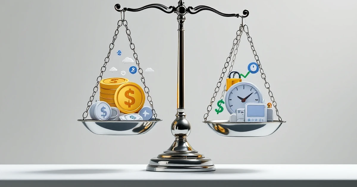 Abstract image showing scales balancing cost and features.