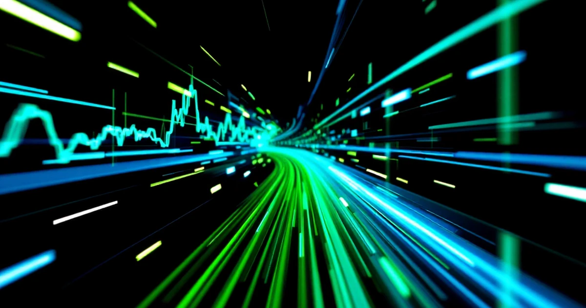 An abstract image of colored light streaks and data waves moving at high speed, symbolizing performance testing.