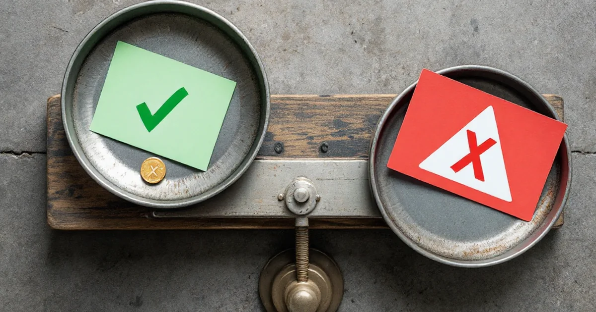 A pair of scales evenly balanced with positive and negative symbols, representing a pros and cons list.