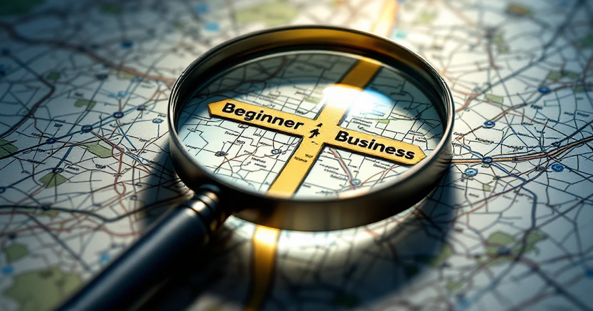 A magnifying glass focuses on a fork in a path, pointing to different user types like beginner and business.