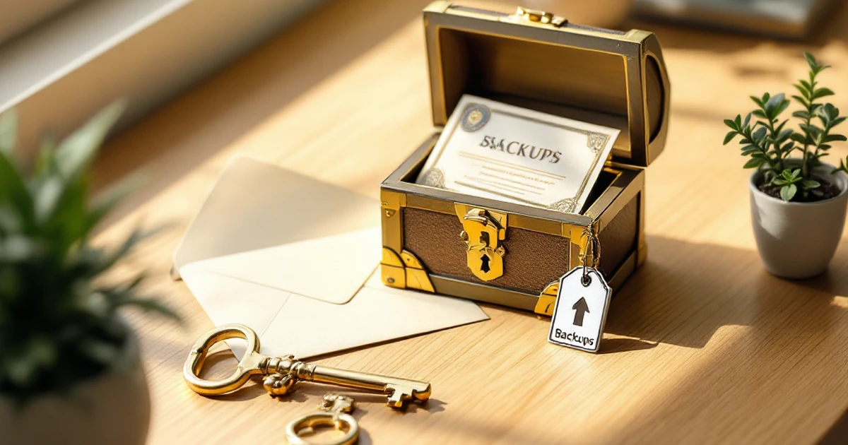 A curated collection of objects symbolizing web hosting features like security, backups, and a free domain.