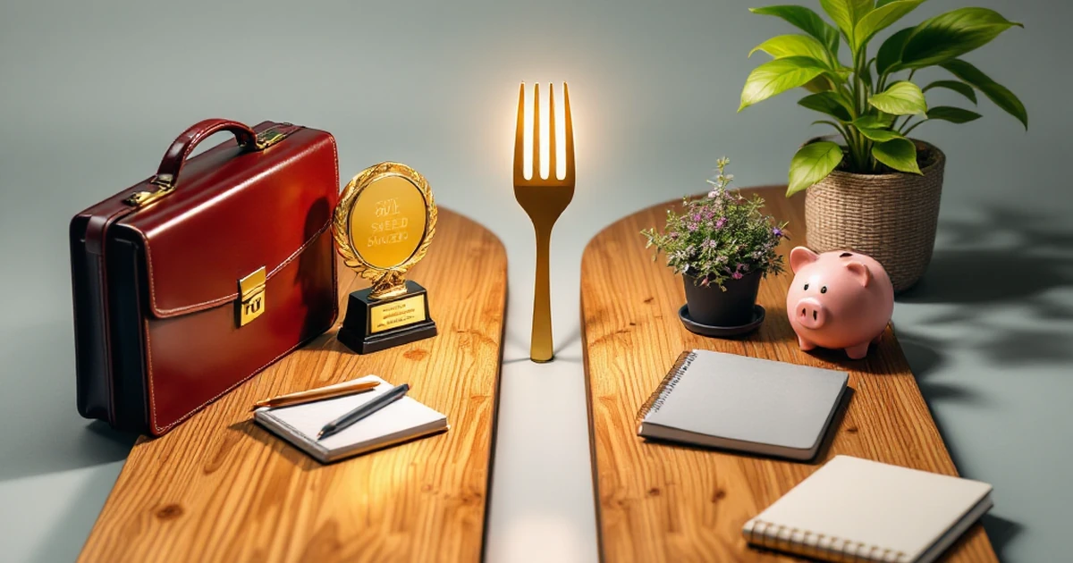 A conceptual image of two forked paths with different objects, representing the choice between premium and budget hosting use cases.