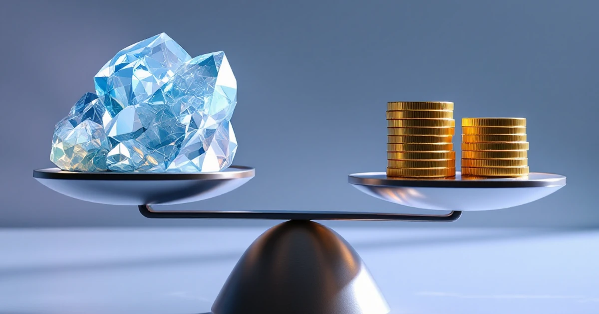 An abstract image of a balanced scale with crystals and coins, symbolizing a final verdict between value and cost.