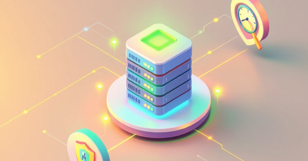 Isometric diagram showing a central server connected to security feature icons like a shield, magnifying glass, and clock.