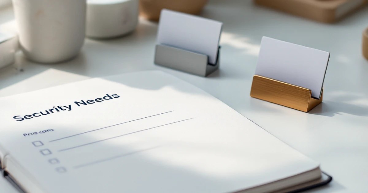 A notebook with a pros/cons list on a desk, with two business card holders, symbolizing choosing between two hosting services.
