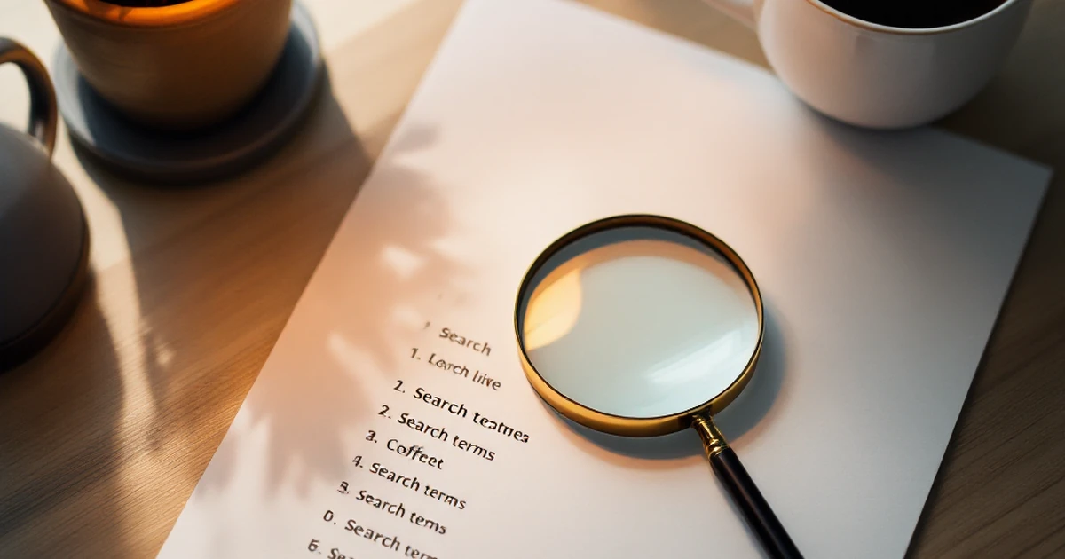Magnifying glass over keyword list with plant and coffee nearby
