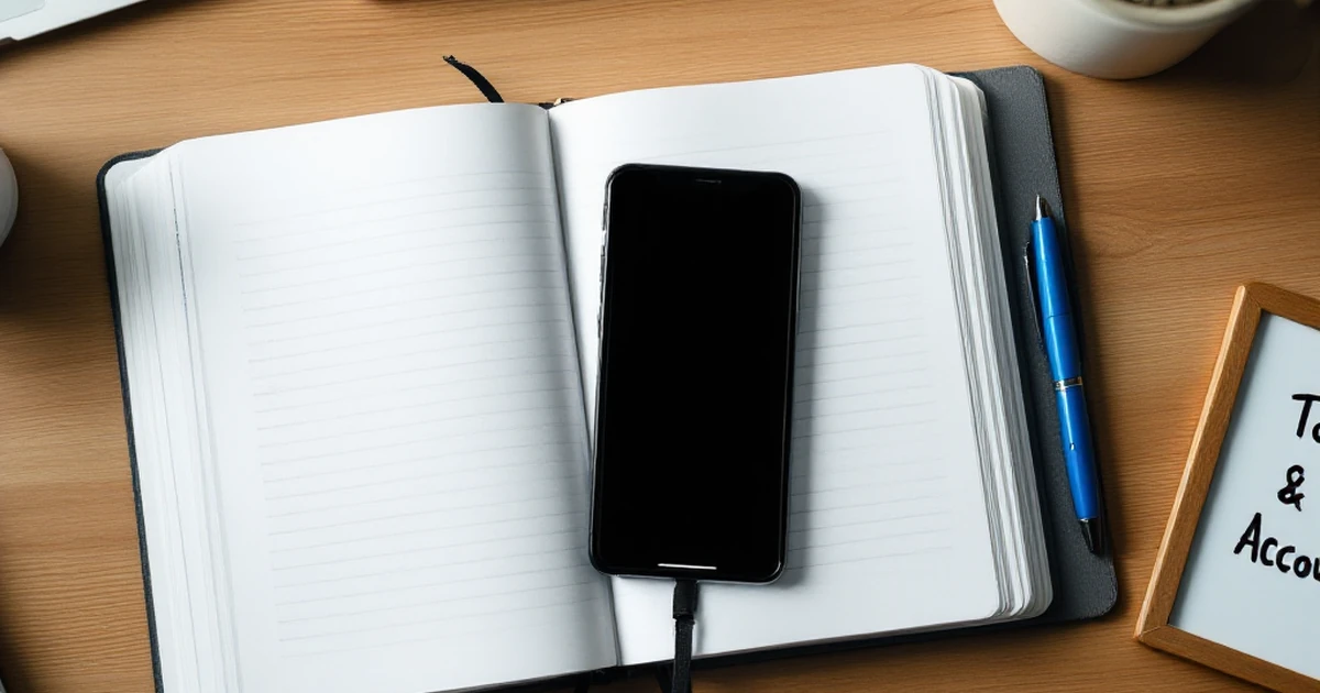 Desk with notebook, smartphone, pen, and small whiteboard for tools checklist