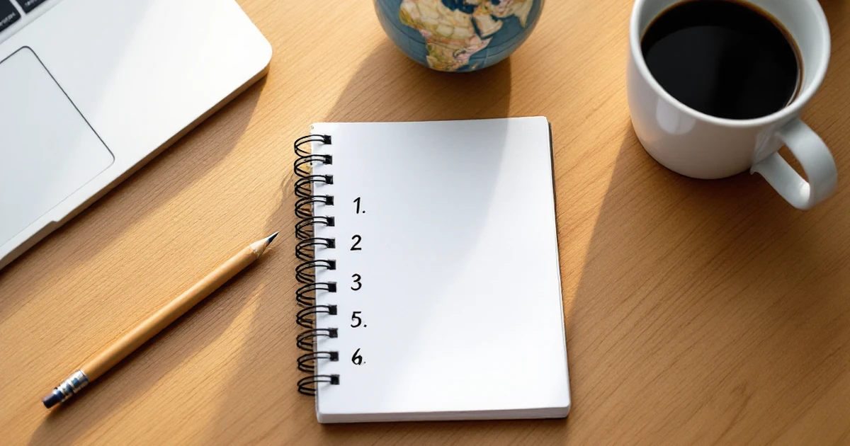 Isometric desk setup with notebook, pencil, globe, and coffee for step-by-step guide