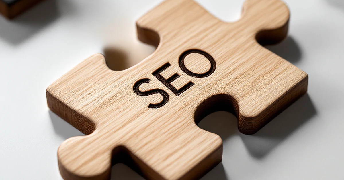 A puzzle piece with a magnifying glass icon fitting into a puzzle, symbolizing SEO solutions.
