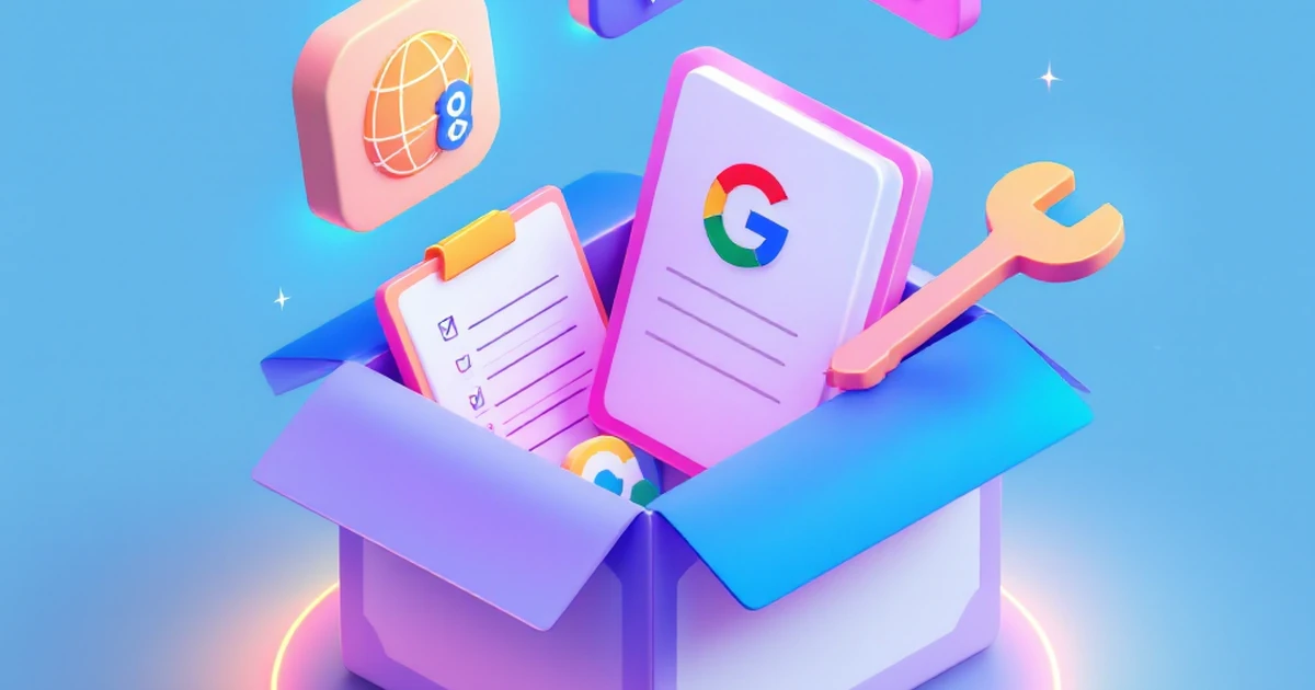 An isometric view of a floating toolbox with icons for a website, Google, notes, and a key.