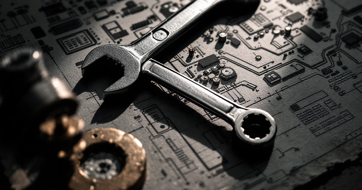 A wrench and screwdriver laid over a website sitemap blueprint, representing troubleshooting.