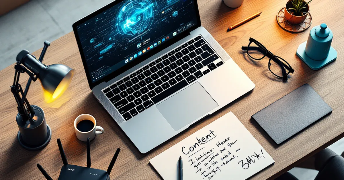 Isometric view of workspace for AI content marketing tools.