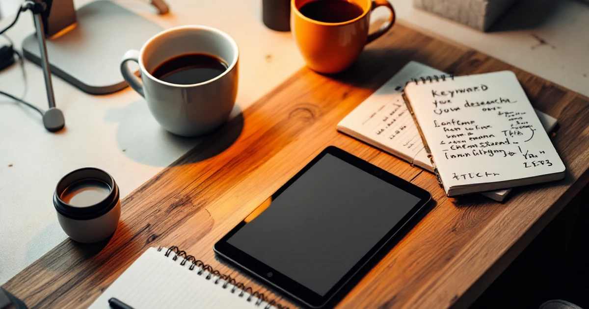 Isometric workspace for keyword research with tablet, coffee cup, and open notebook.