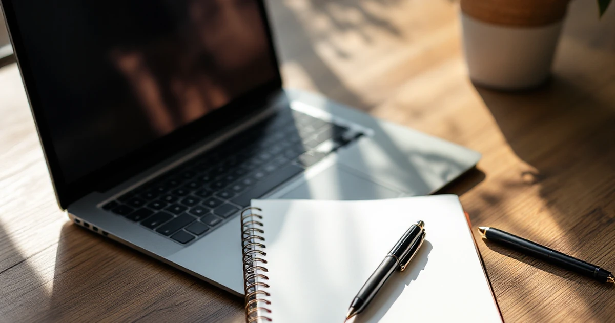 Essential tools on a wooden table: laptop, notepad, and pen for online research.