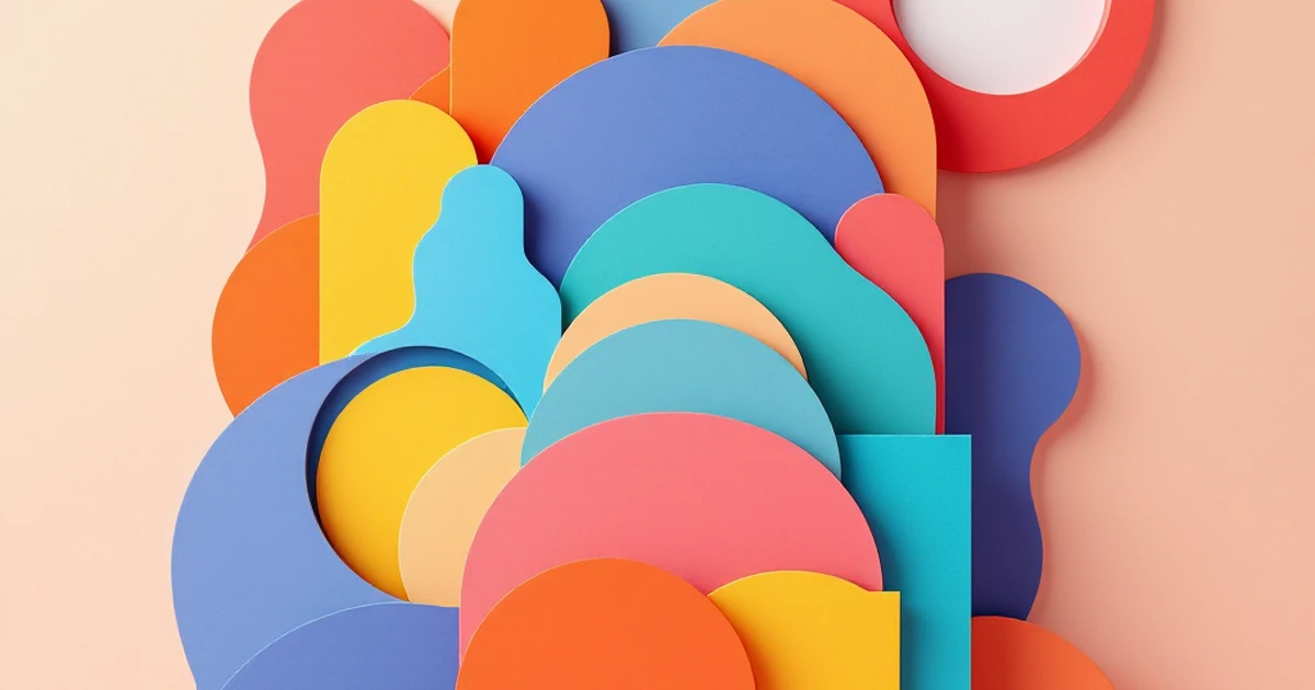 Abstract layers of paper cutouts in various shapes and colors symbolizing learning steps.