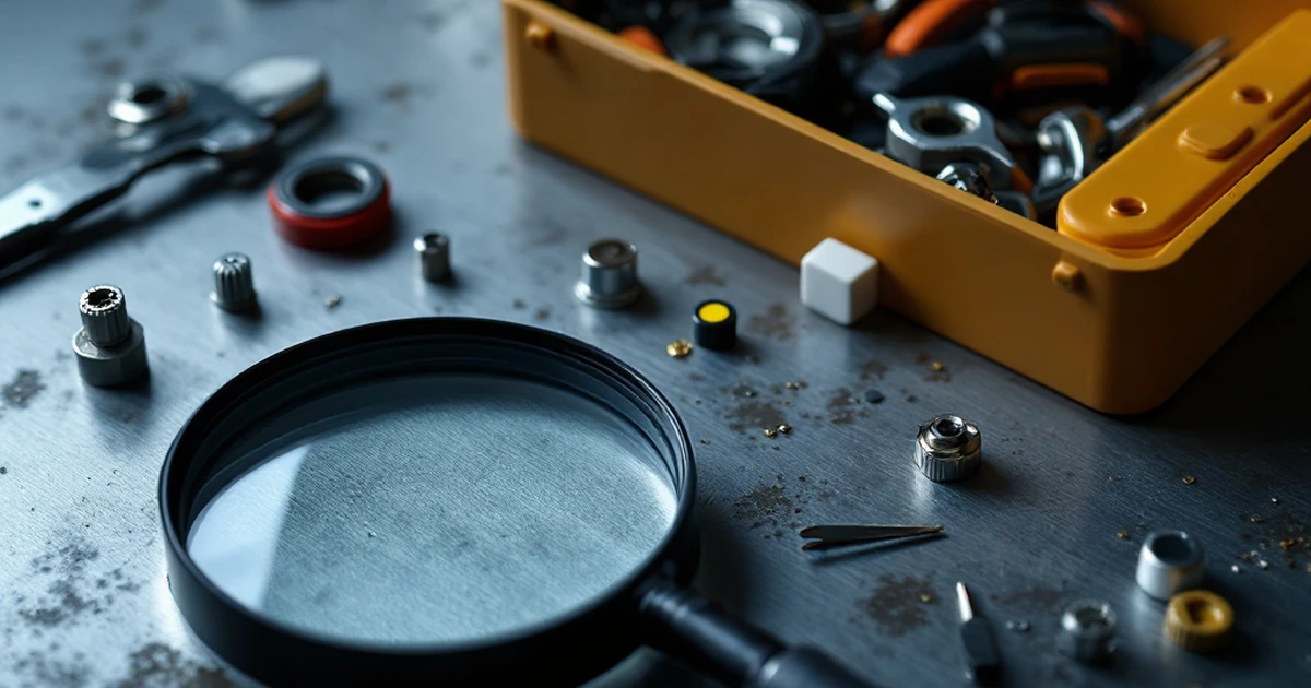 Toolbox with tools and magnifying glass on a metal surface for SEO troubleshooting.