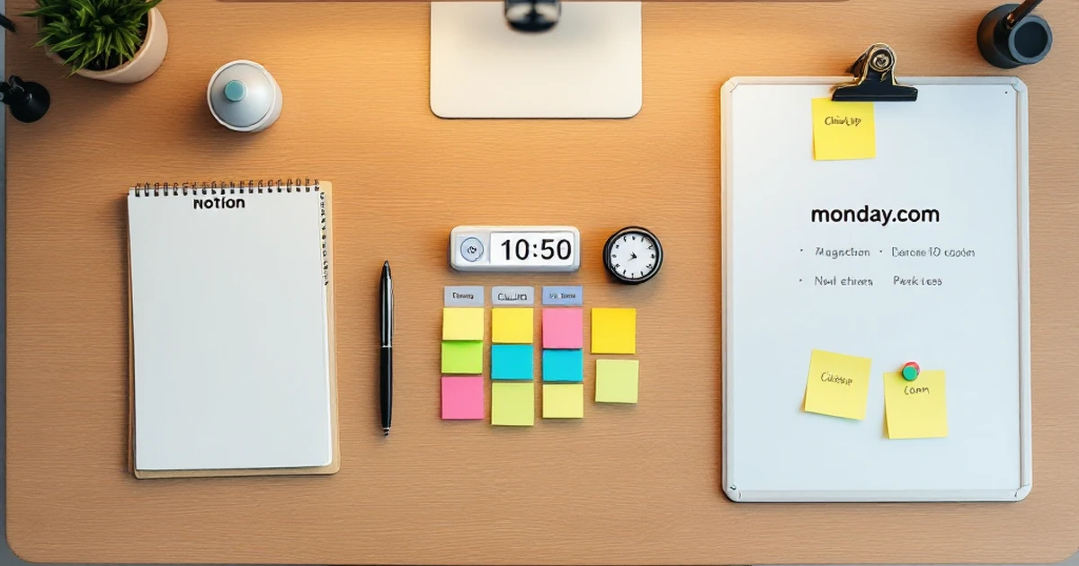 Isometric comparison of three work zones representing Notion, ClickUp, and Monday.com.