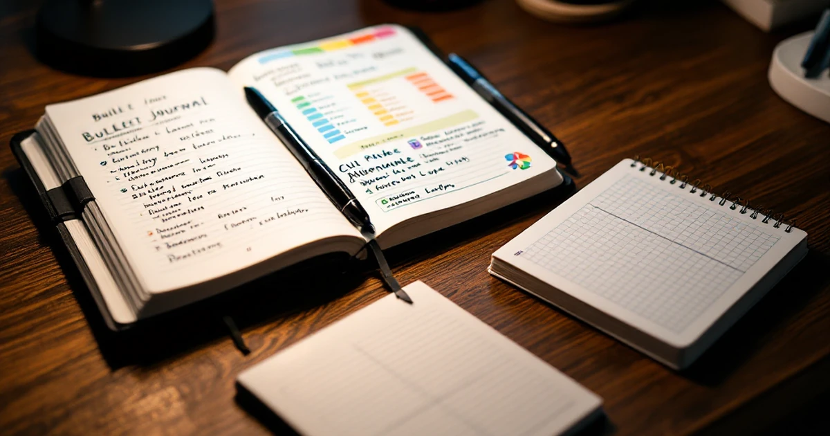 Three notebooks on a desk representing different use cases for Notion, ClickUp, and Monday.com.