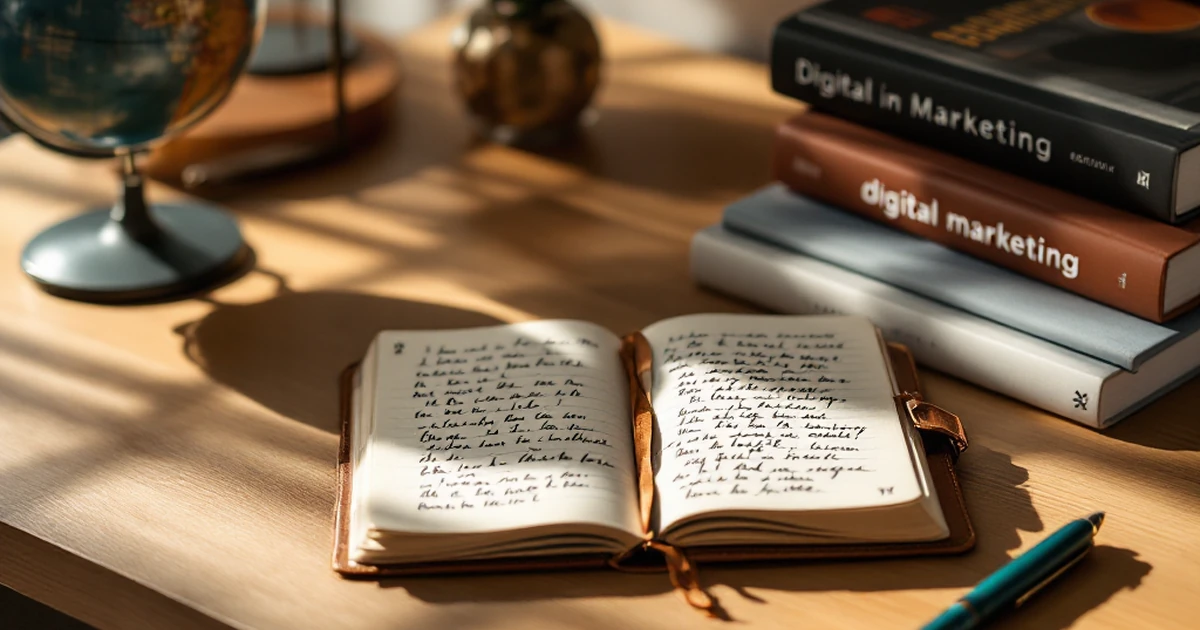 Workspace with notebook and books for SEO introduction