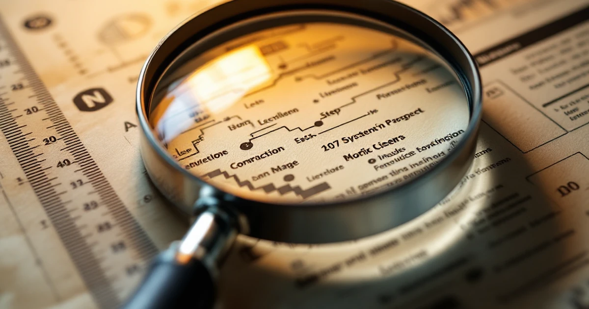 A magnifying glass closely examines a step-by-step roadmap, symbolizing detailed guidance and audit.