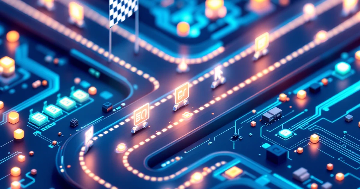 An isometric 3D illustration of a digital race track with website icons, symbolizing competitive SEO strategy.
