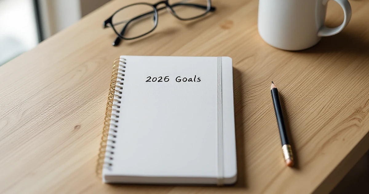 A notebook labeled '2026 Goals' with a pencil and glasses on a wooden desk, symbolizing preparation and clear objectives.