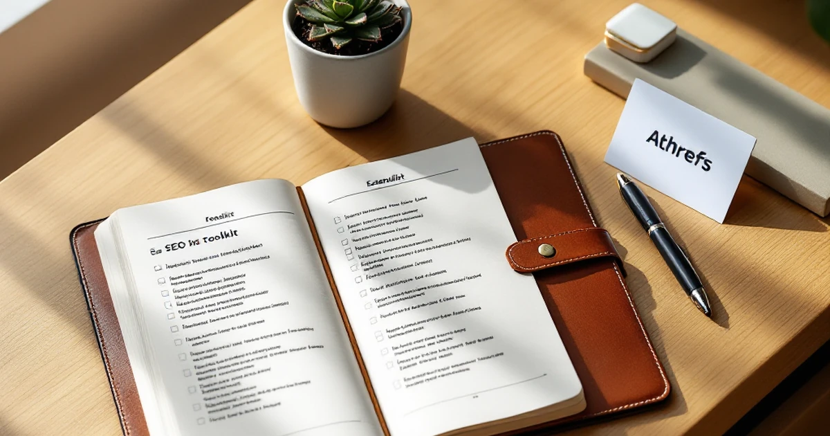 A curated workspace with a notebook, pen, and Ahrefs branding, representing the tools needed for competitive analysis.