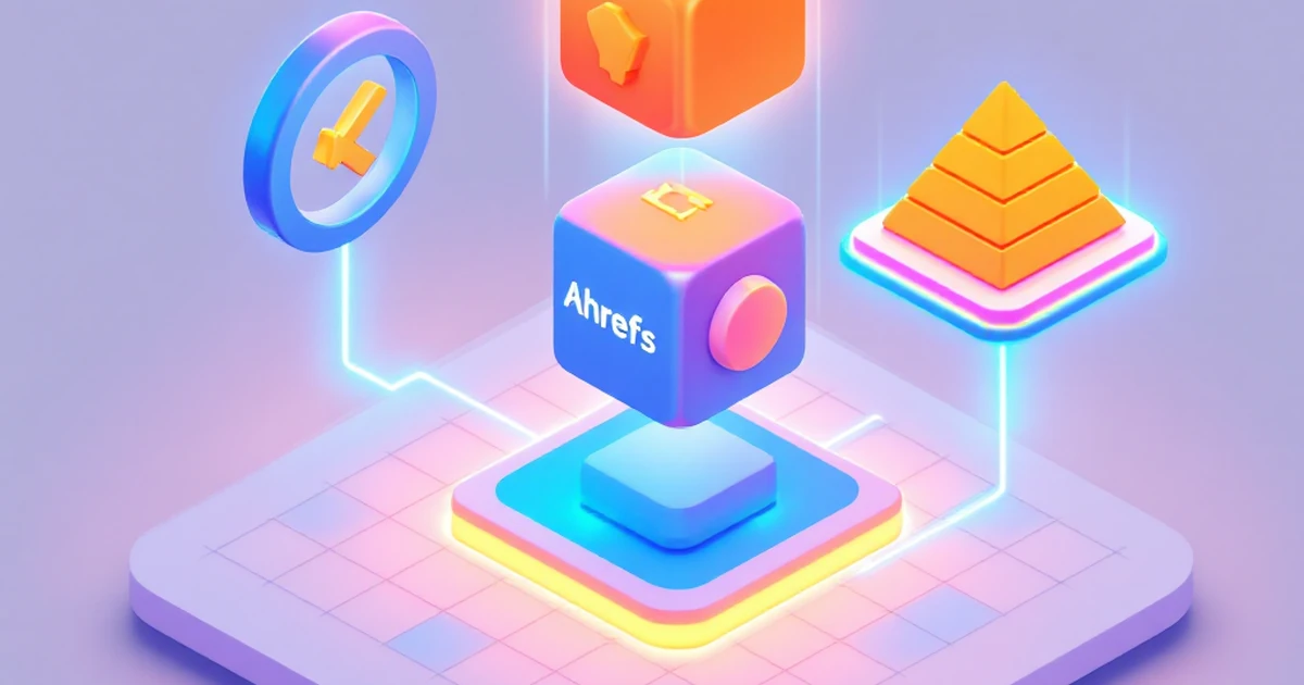 An isometric 3D graphic showing connected icons for Ahrefs, keywords, and backlinks, representing the necessary tools for SEO analysis.