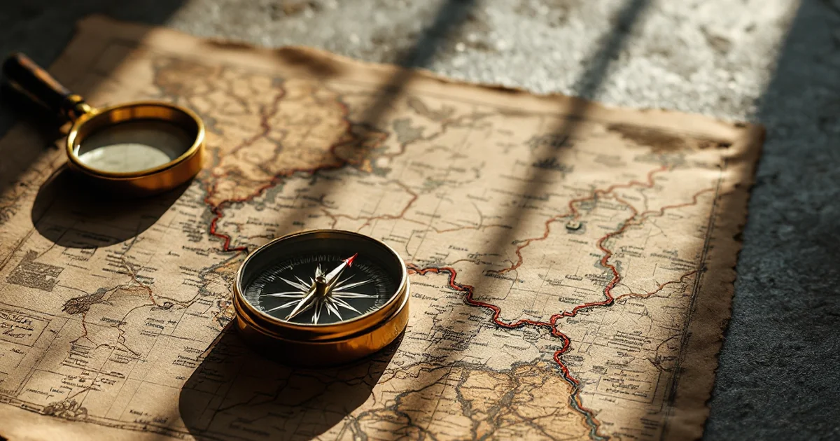 A compass and map under directional light, symbolizing troubleshooting and finding the right direction in SEO analysis.