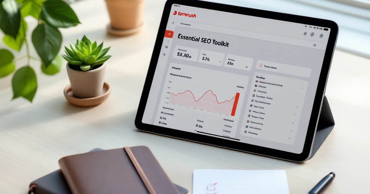 Essential SEO toolkit including Semrush device, notebook, and checklist on wooden surface