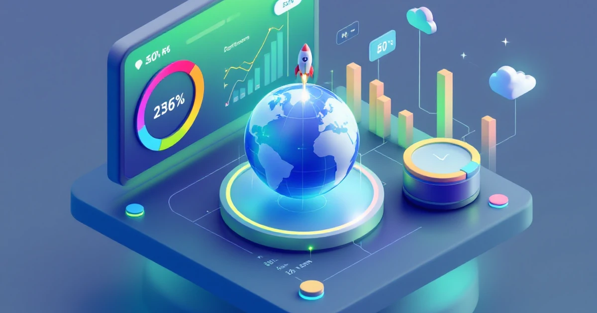 An isometric 3D illustration of a website performance dashboard with speed dials and a globe.