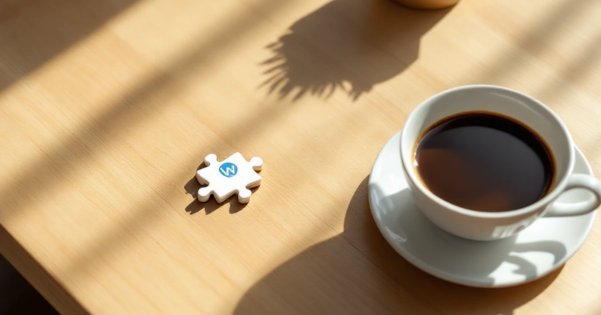 WordPress tools and icons arranged neatly on a wooden desk, symbolizing a perfect fit and easy setup.