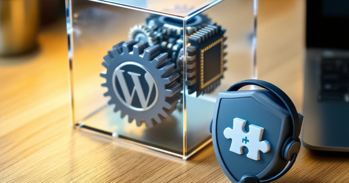 A desk arrangement of symbolic objects representing hosting features: security, speed, plugins, and support.