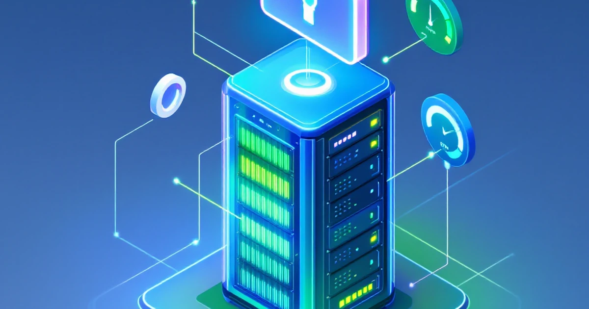 A 3D isometric illustration of a secure server rack with data flow and security icons.