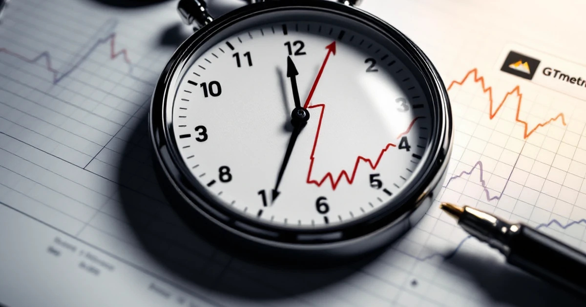 A workspace with a stopwatch, magnifying glass, and chart, representing website speed testing.